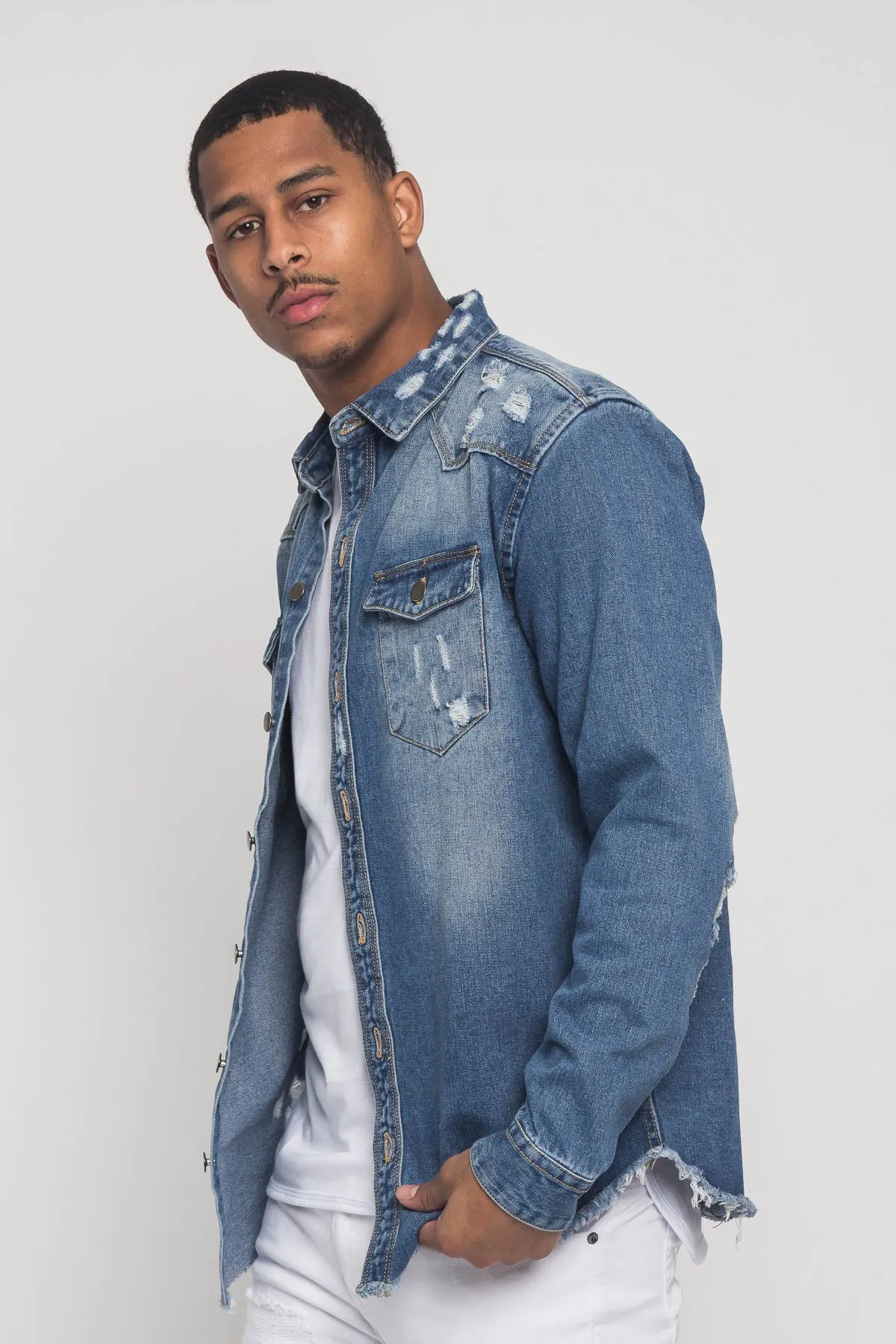 Distressed Denim Button Up Shirt Jacket