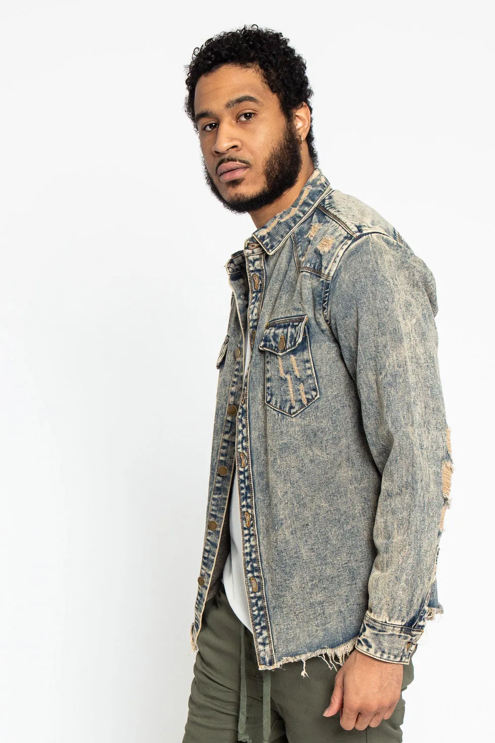 Distressed Denim Button Up Shirt Jacket