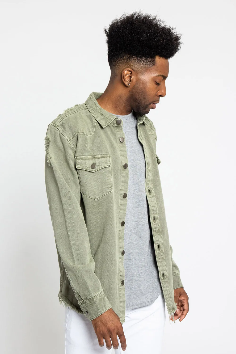 Distressed Denim Button Up Shirt Jacket