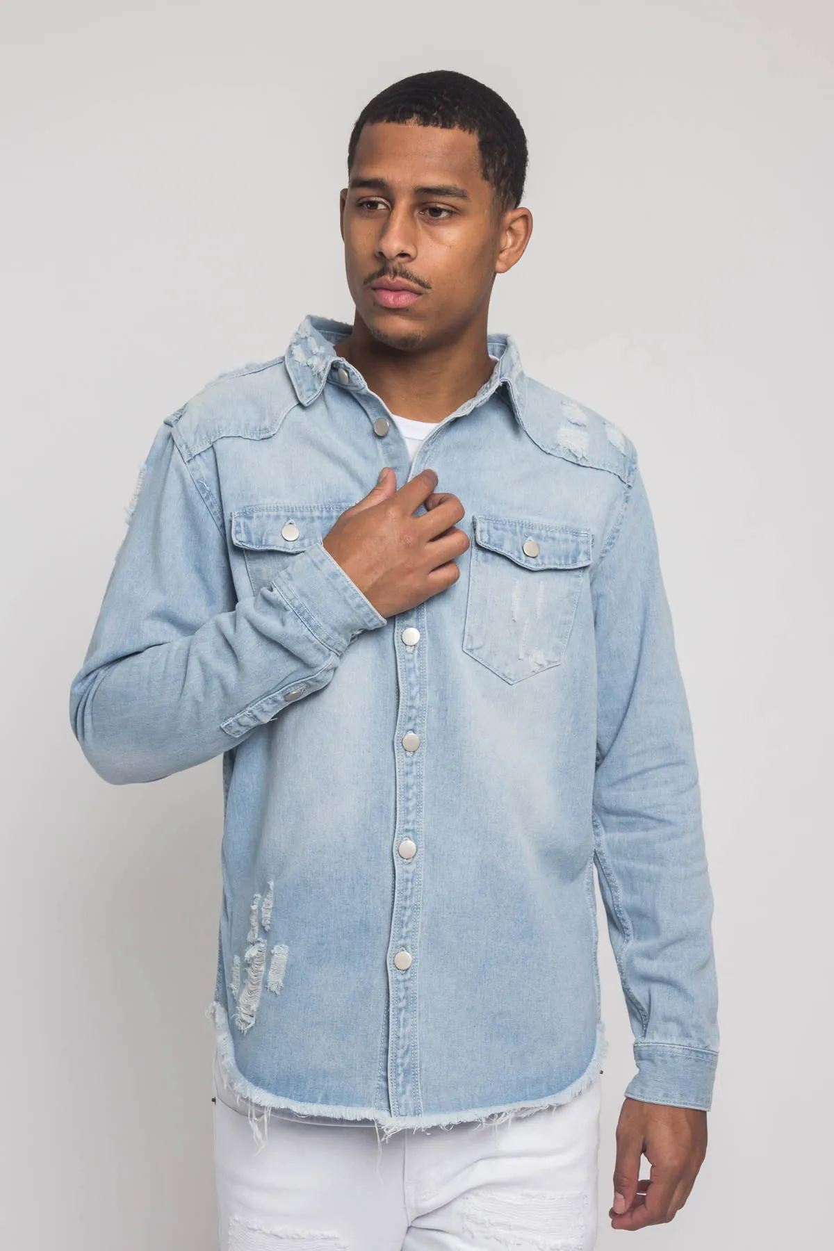 Distressed Denim Button Up Shirt Jacket