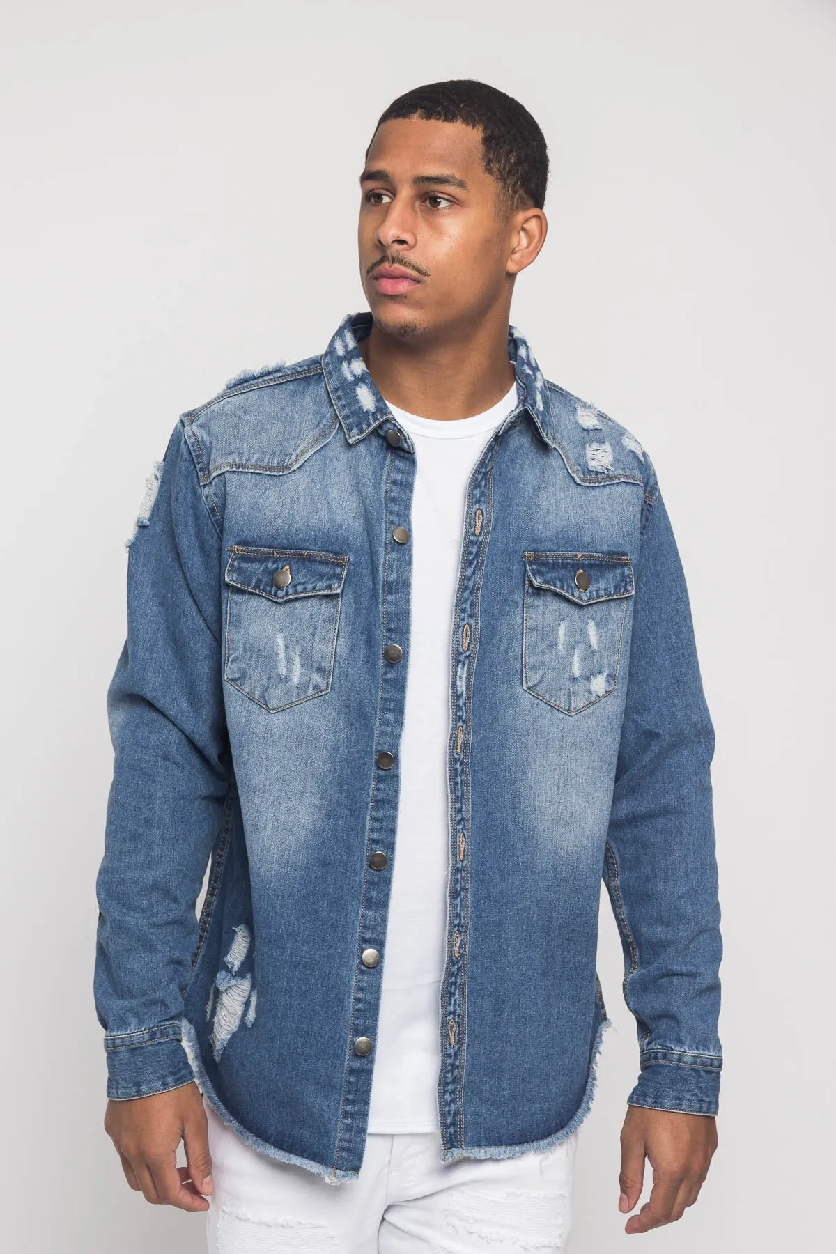 Distressed Denim Button Up Shirt Jacket