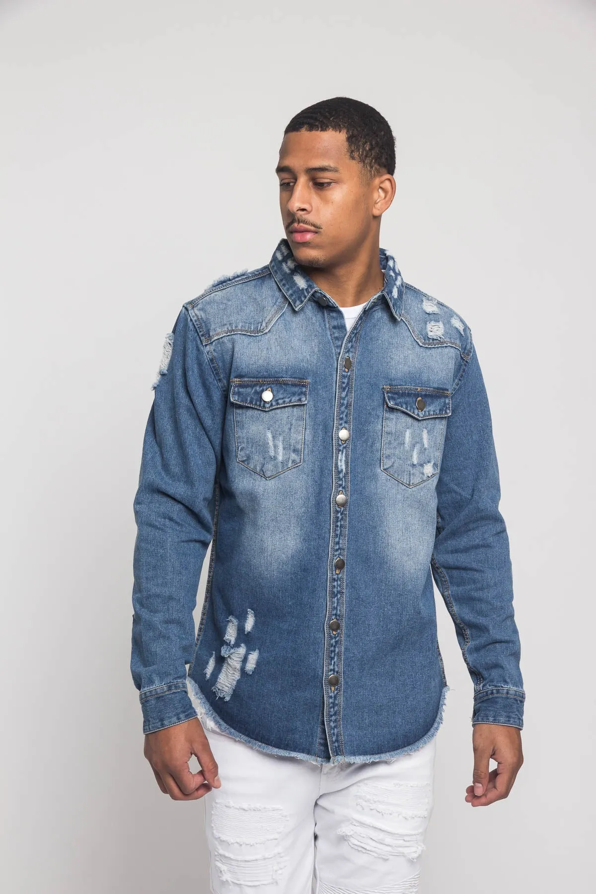 Distressed Denim Button Up Shirt Jacket