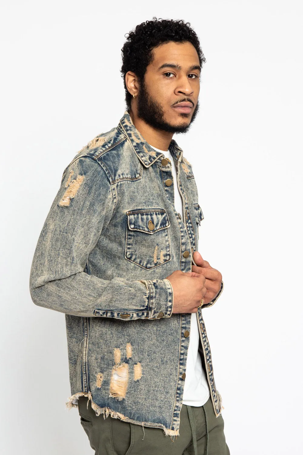 Distressed Denim Button Up Shirt Jacket