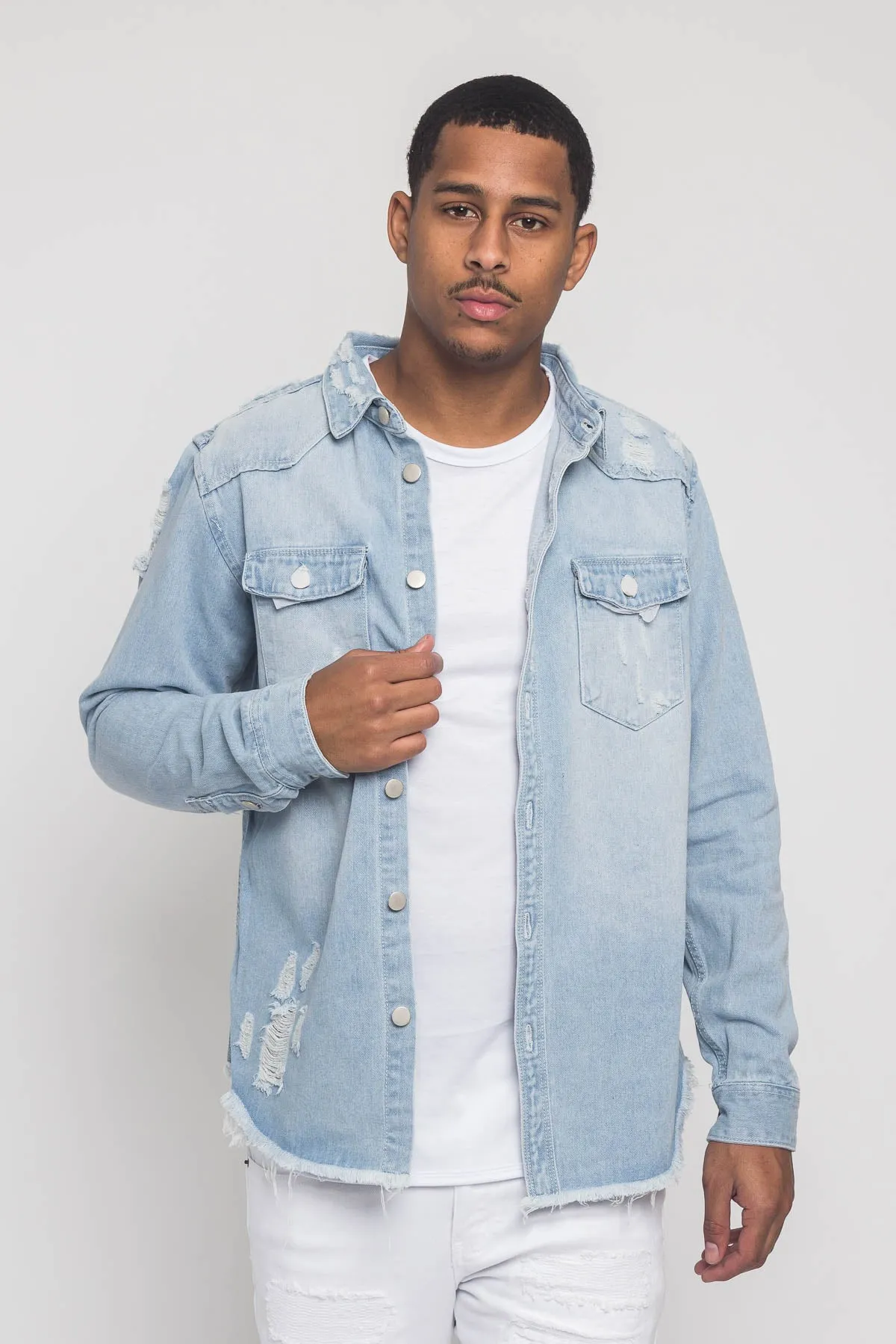 Distressed Denim Button Up Shirt Jacket