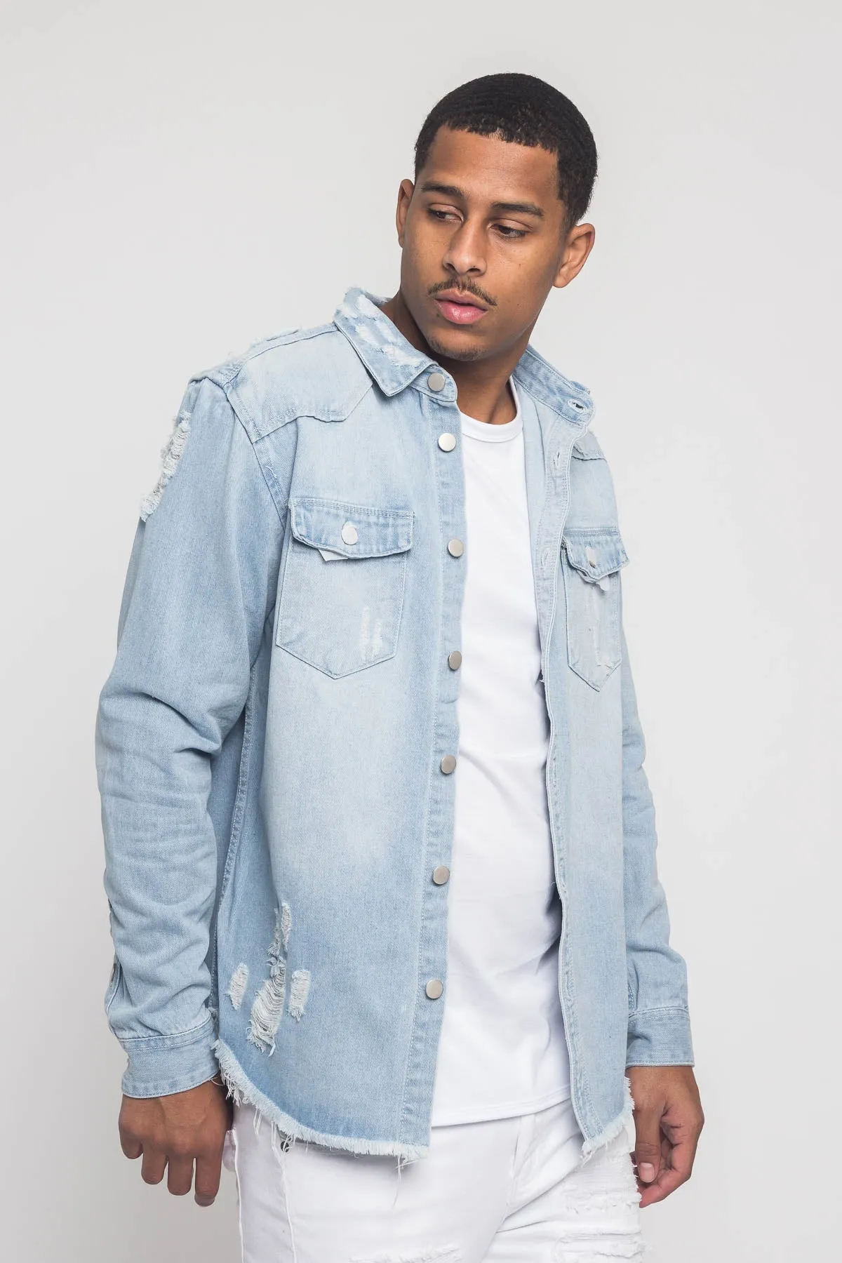 Distressed Denim Button Up Shirt Jacket