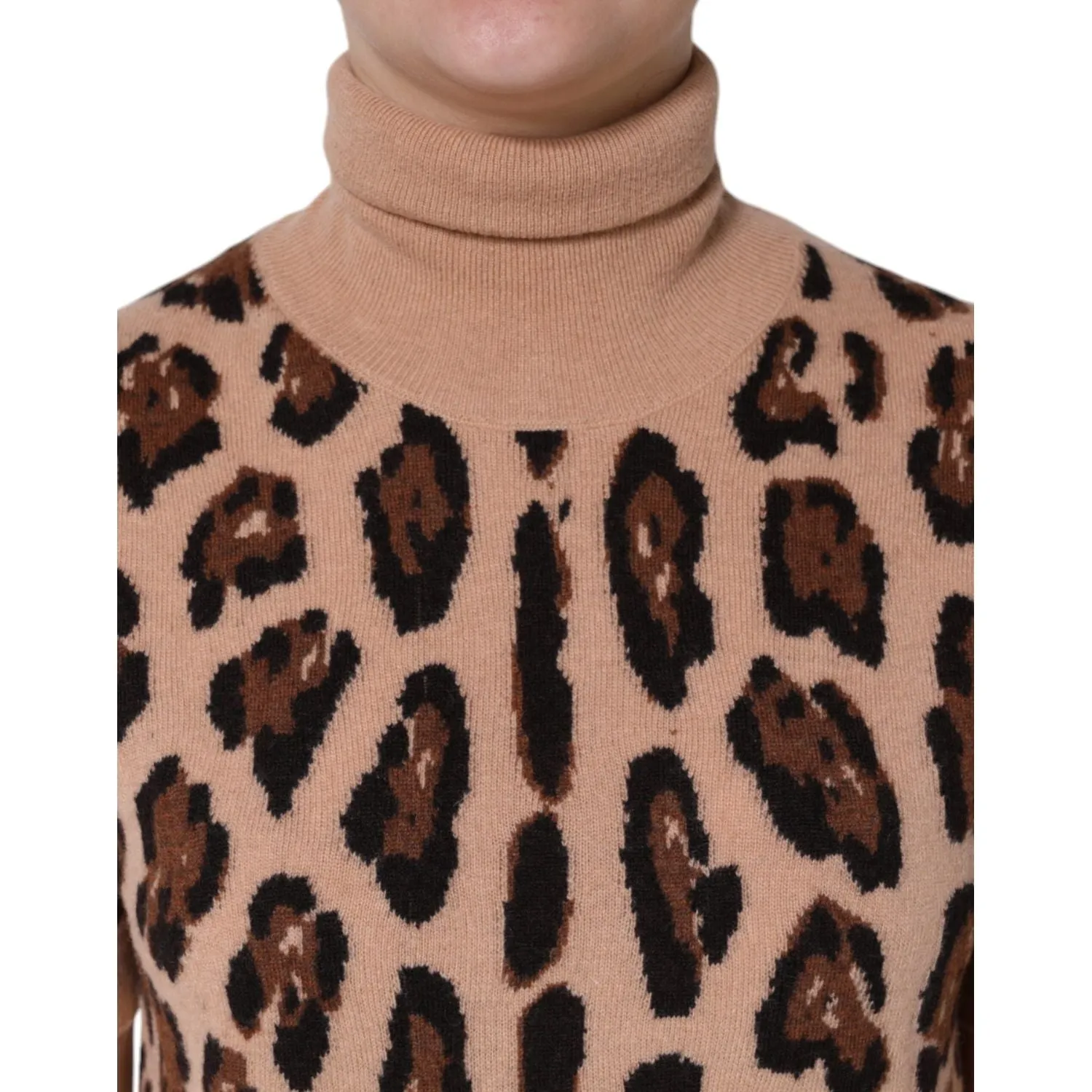 Dolce & Gabbana Beige Leopard Print Wool Turtleneck Top