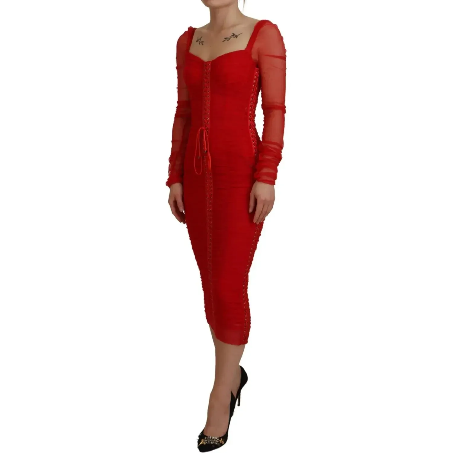 Dolce & Gabbana Red Mesh Trim Bodycon Sheath Midi Dress