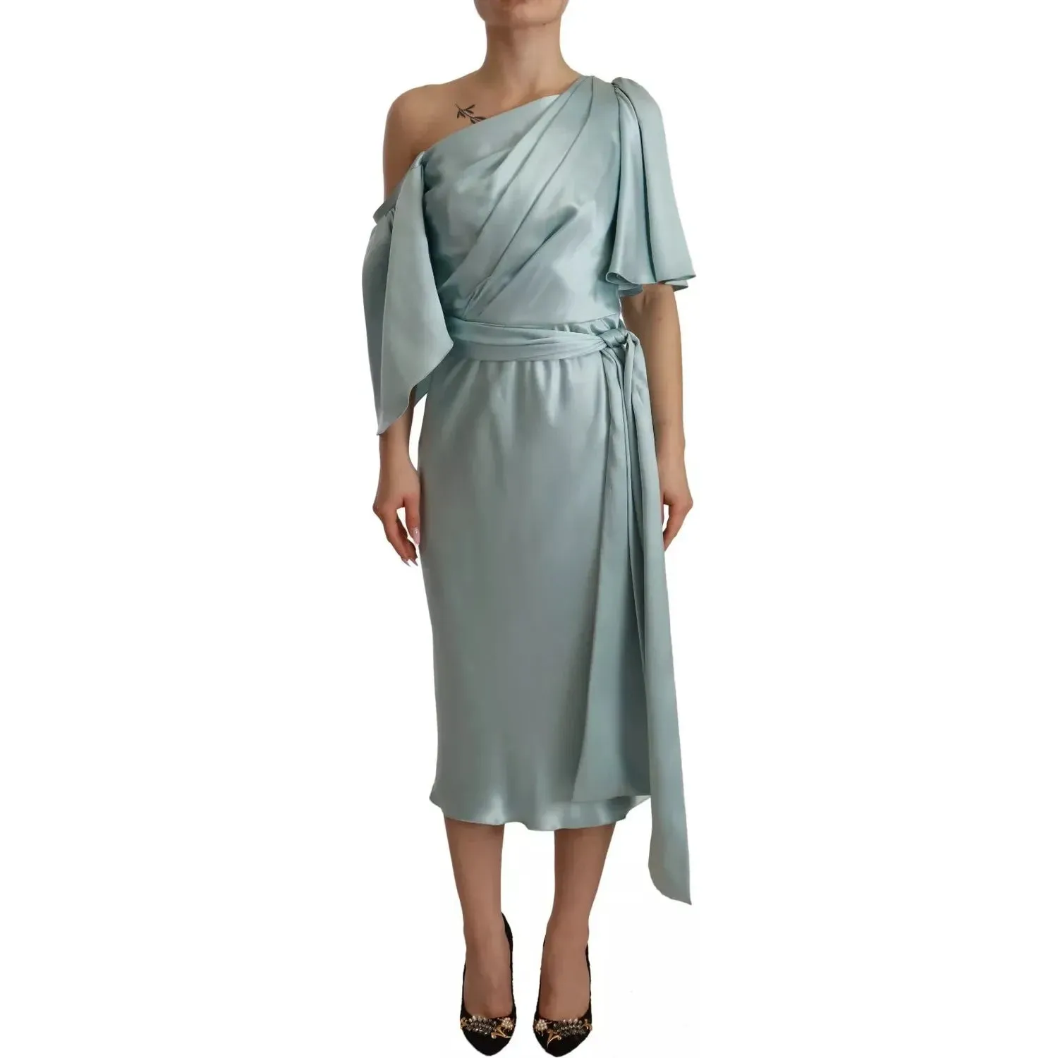 Dolce & Gabbana Silk Mint Green Fit Cut One Shoulder Midi Dress