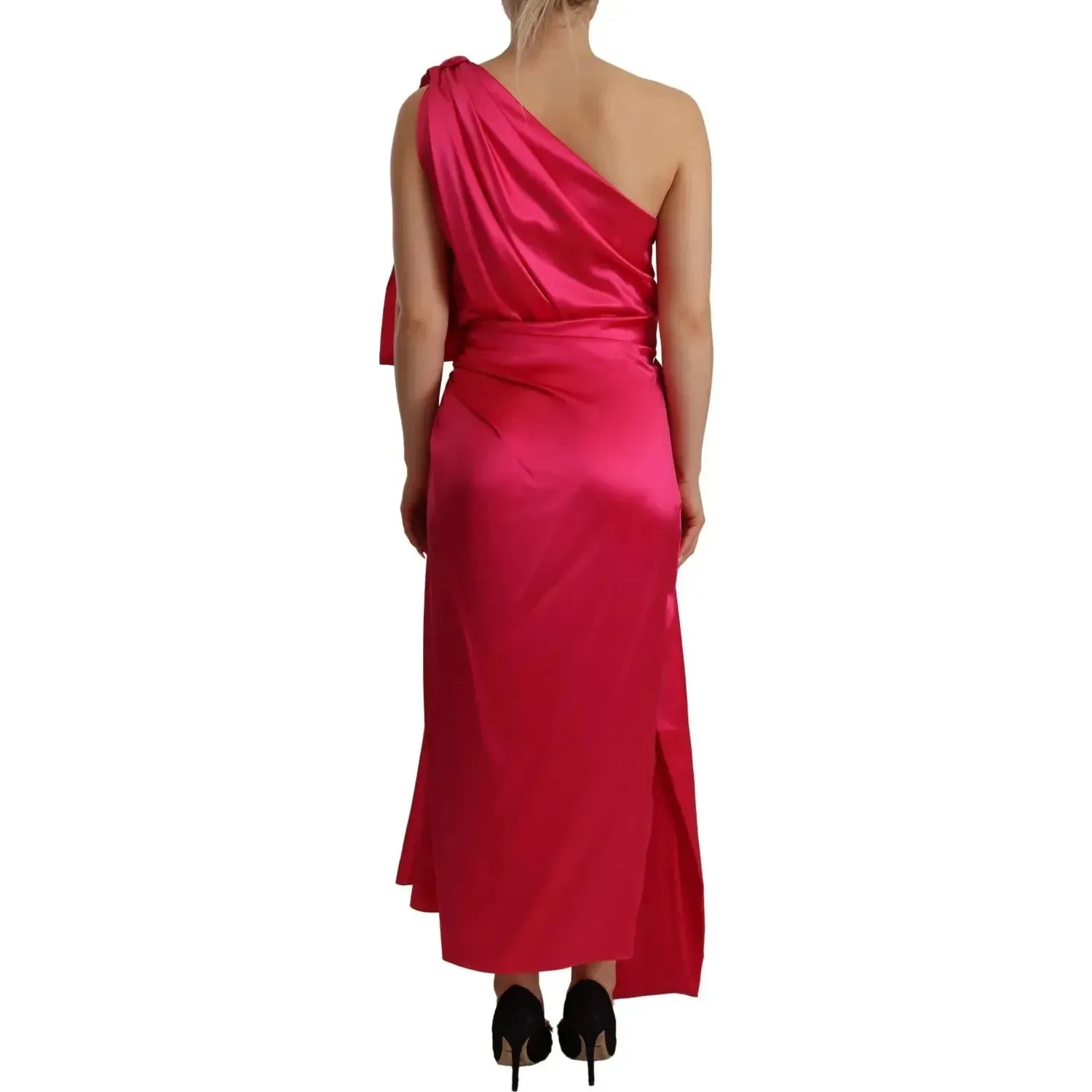 Dolce & Gabbana Silk Pink Fitted Cut One Shoulder Midi Dress