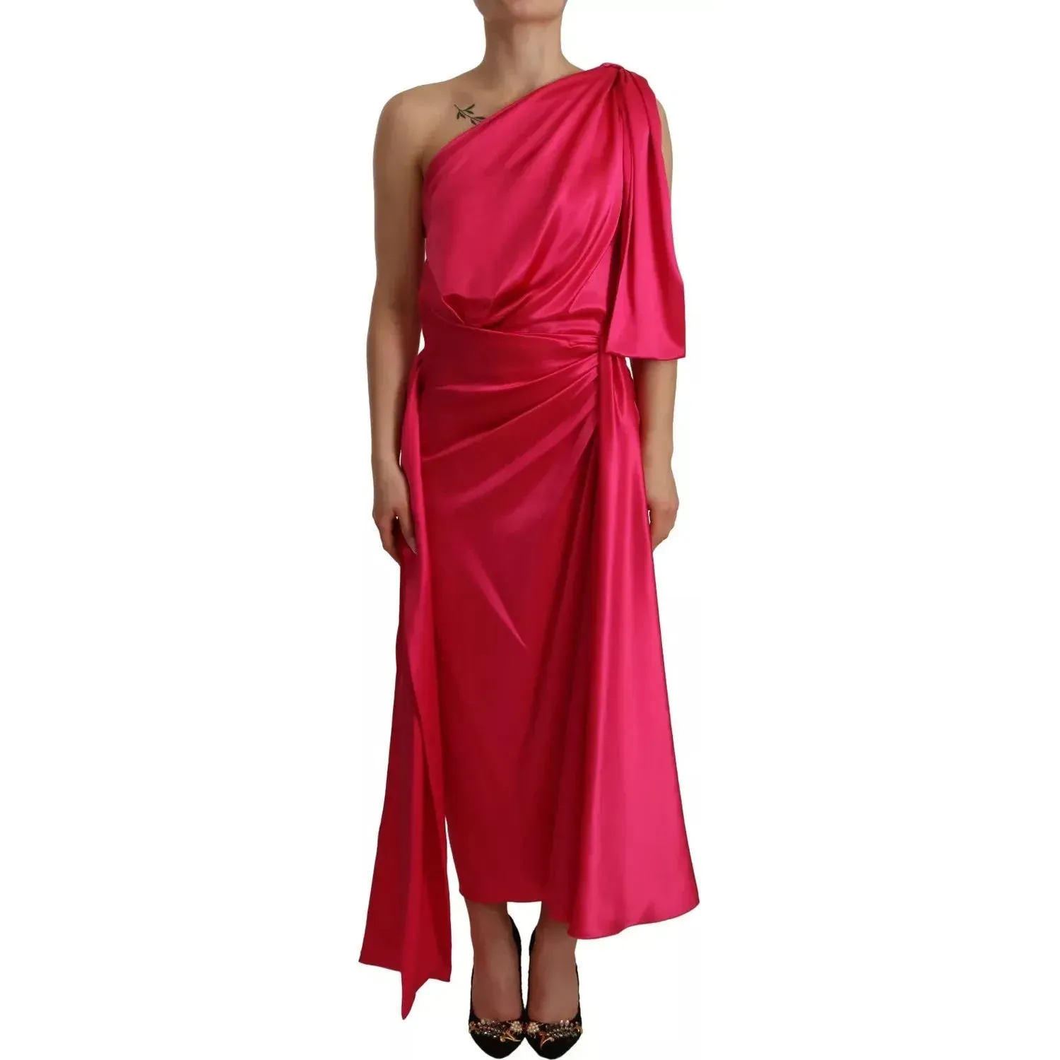 Dolce & Gabbana Silk Pink Fitted Cut One Shoulder Midi Dress