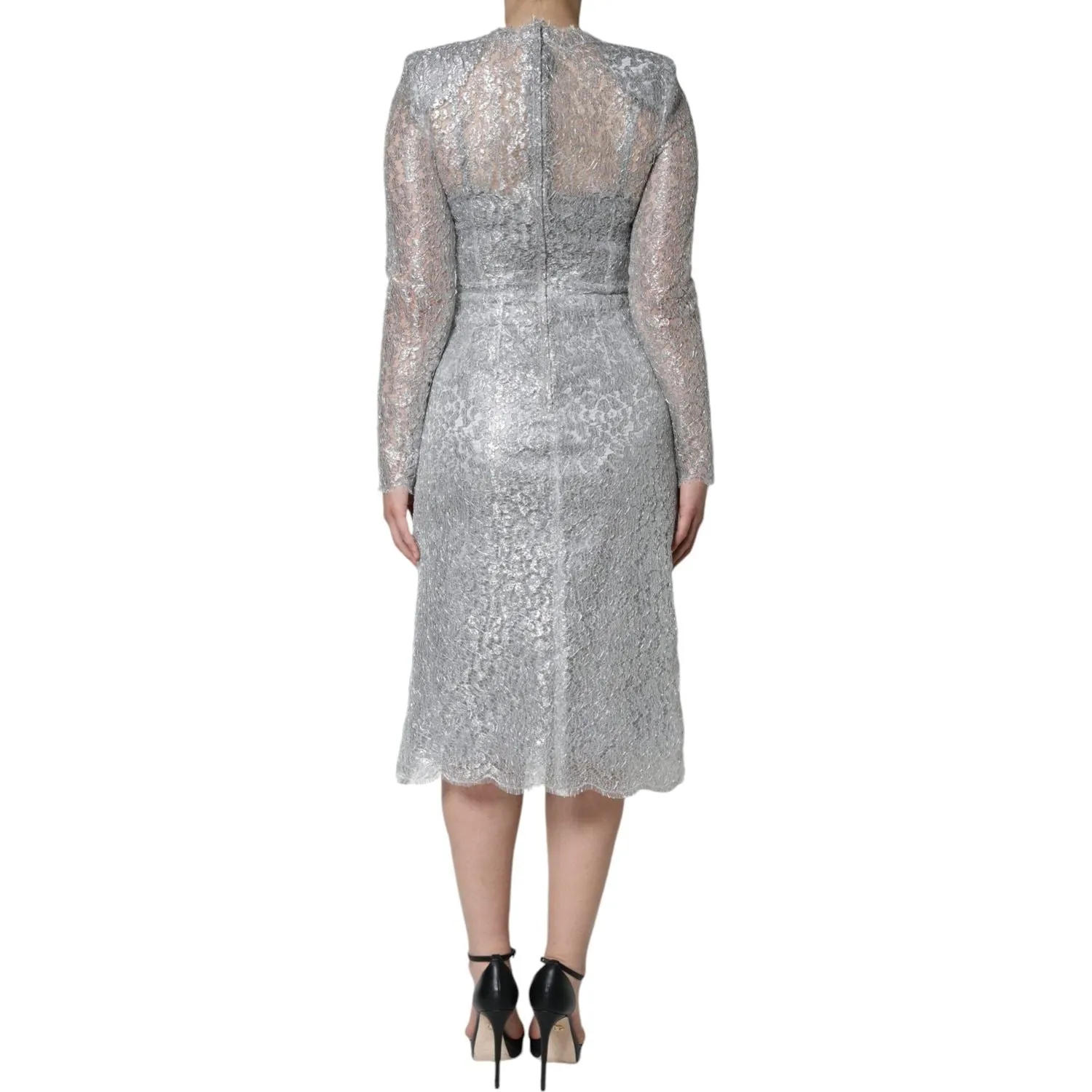 Dolce & Gabbana Silver Floral Lace Bodycon Sheath Midi Dress