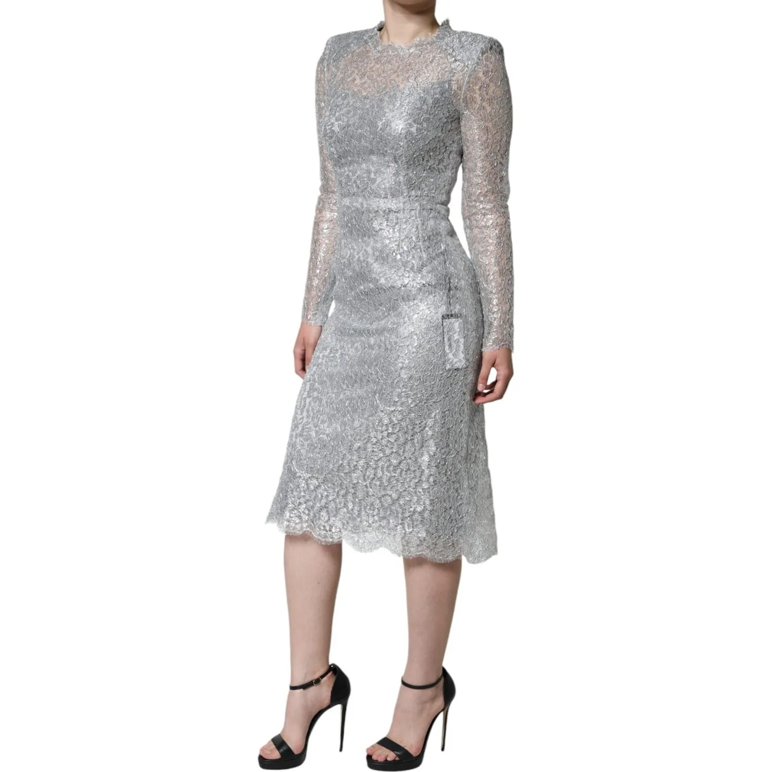 Dolce & Gabbana Silver Floral Lace Bodycon Sheath Midi Dress