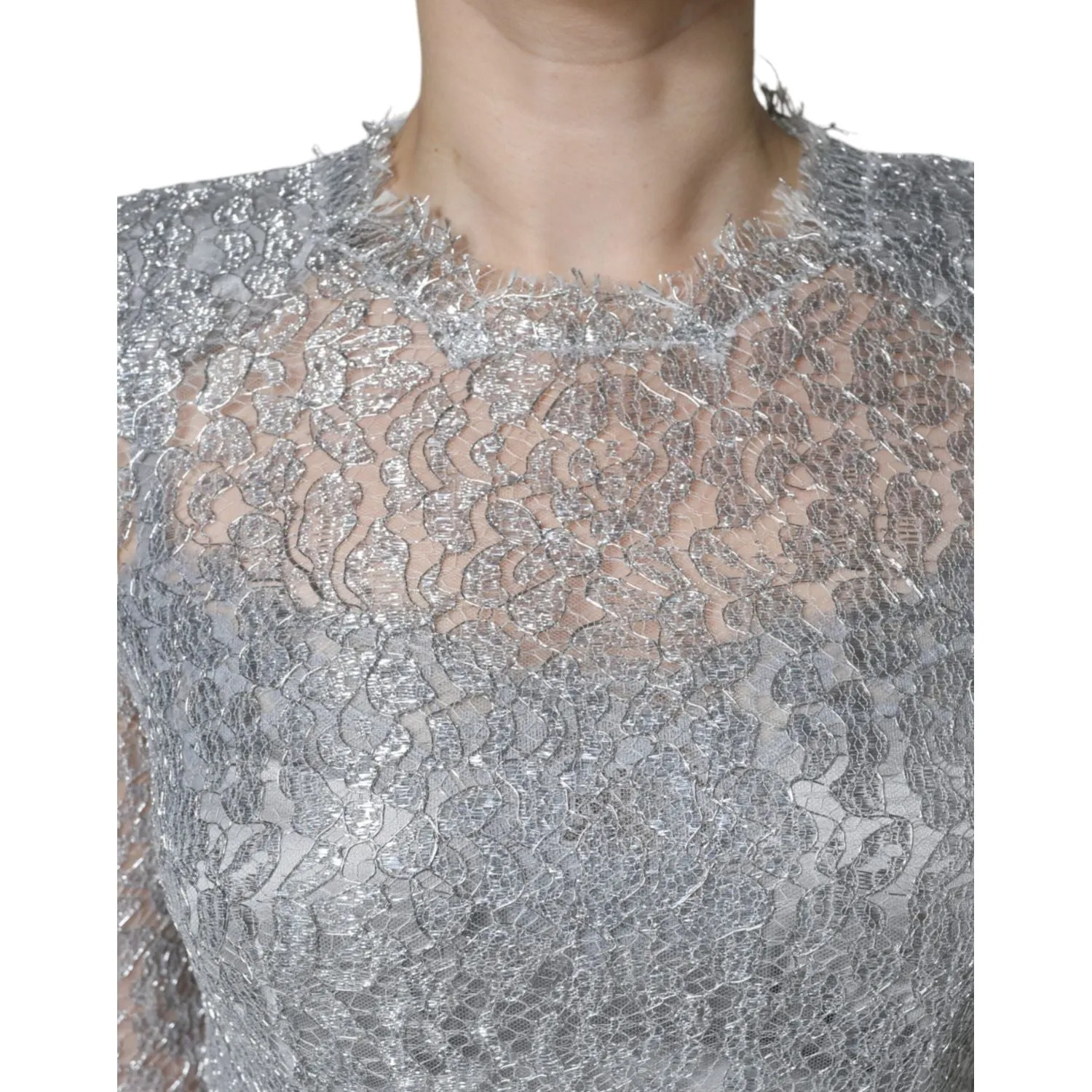 Dolce & Gabbana Silver Floral Lace Bodycon Sheath Midi Dress