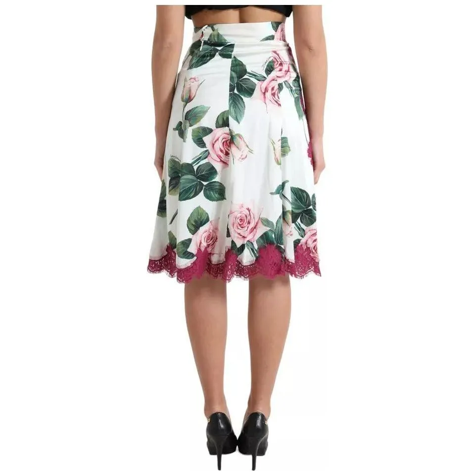 Dolce & Gabbana White Rose Print High Waist Midi A-line Skirt