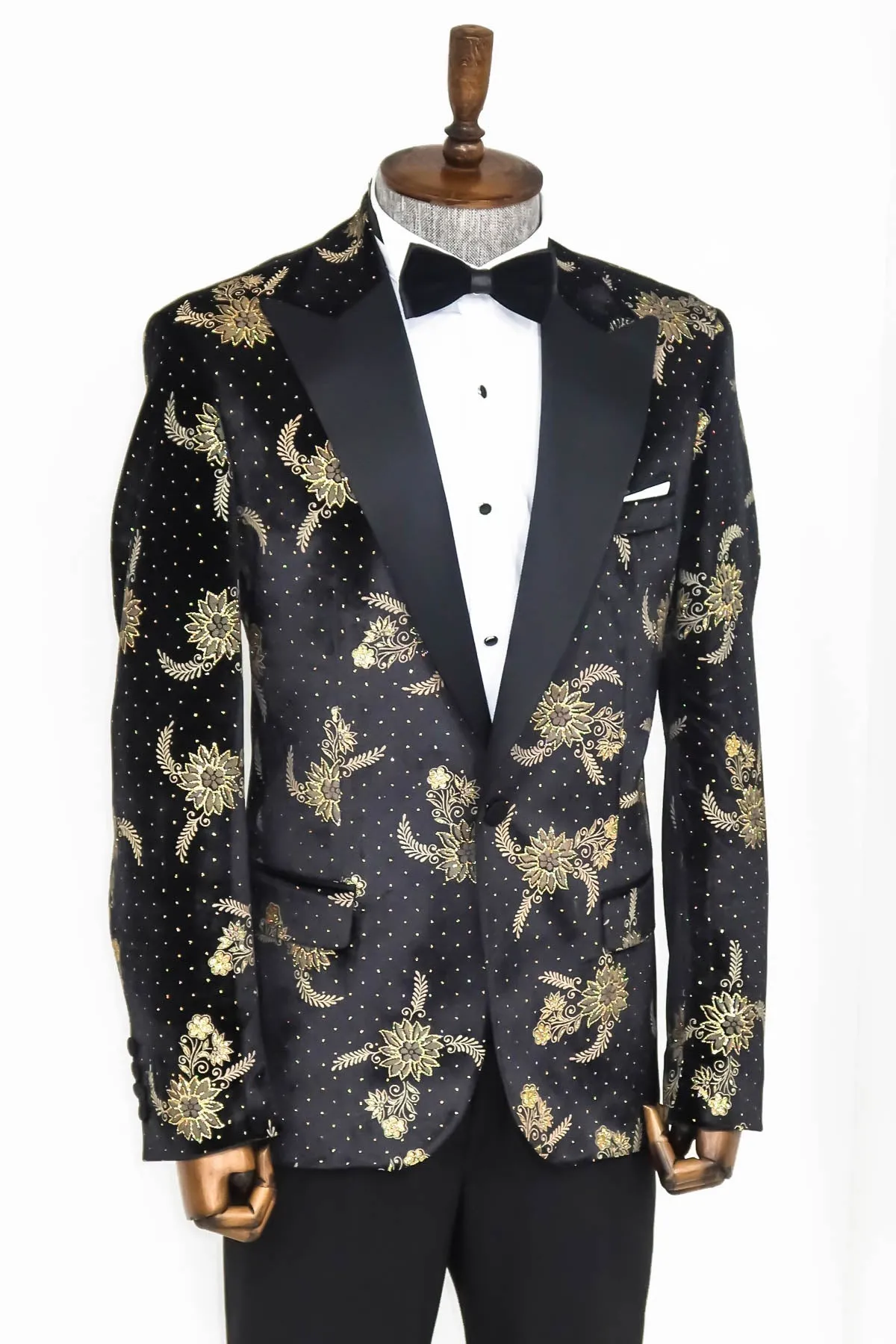 Dot Floral Patterned Velvet Black Men Stage Tuxedo Blazer - Wessi