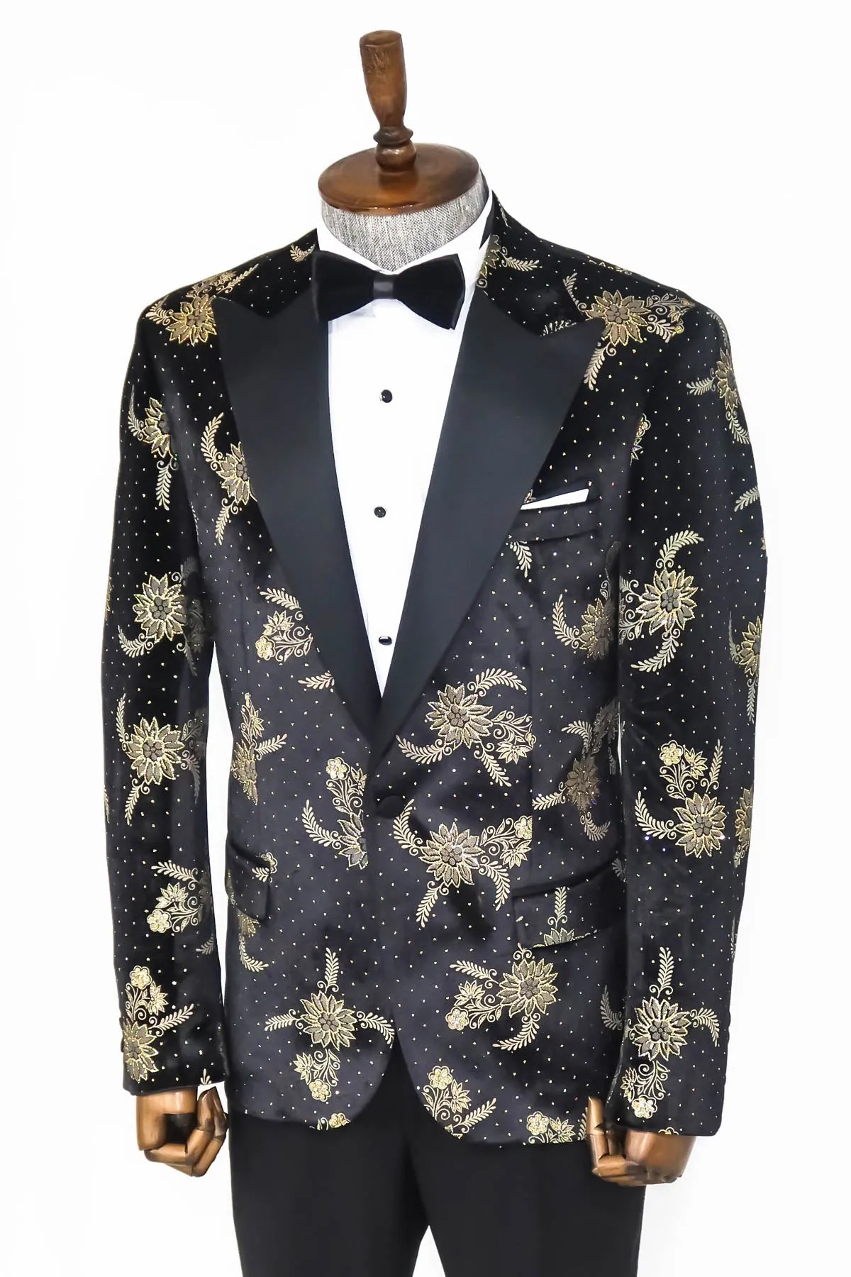 Dot Floral Patterned Velvet Black Men Stage Tuxedo Blazer - Wessi