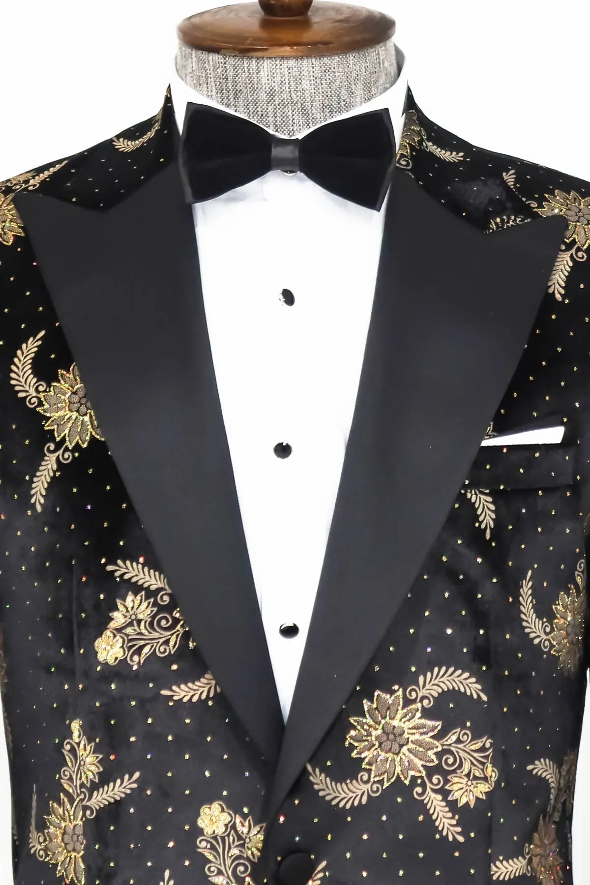 Dot Floral Patterned Velvet Black Men Stage Tuxedo Blazer - Wessi