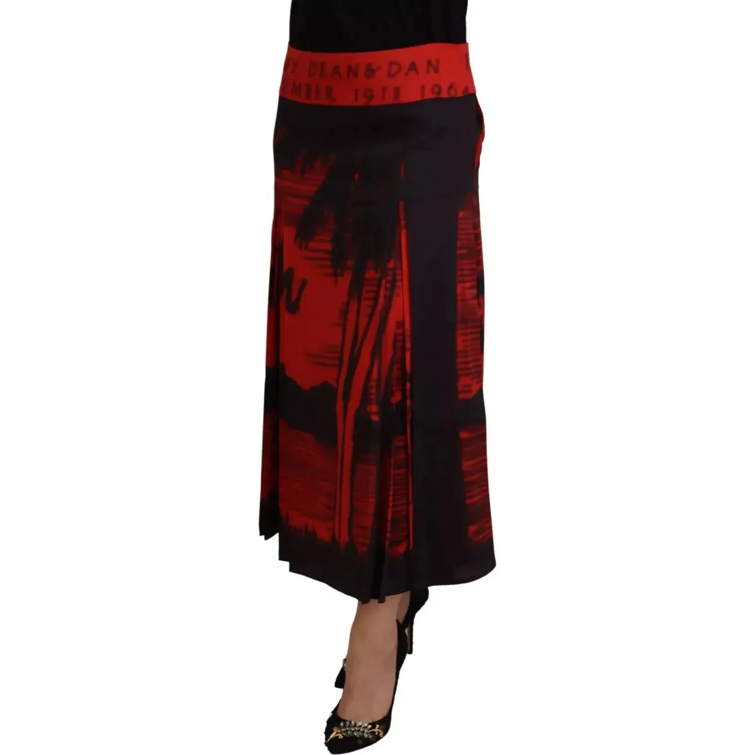 Dsquared² Red Printed High Waist A-line Pleated Midi Skirt