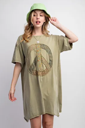 Easel Peace Patched Cotton Jersey Tunic Top in Faded Olive FINAL SALE