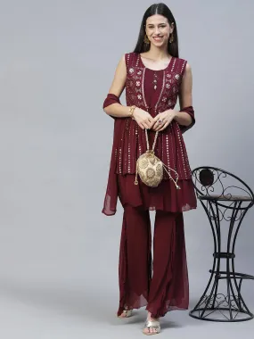 Ethnic Embroidered Peplum Kurta with Sharara & Dupatta - Deep Wine