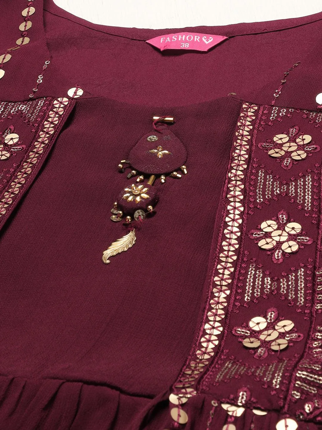 Ethnic Embroidered Peplum Kurta with Sharara & Dupatta - Deep Wine