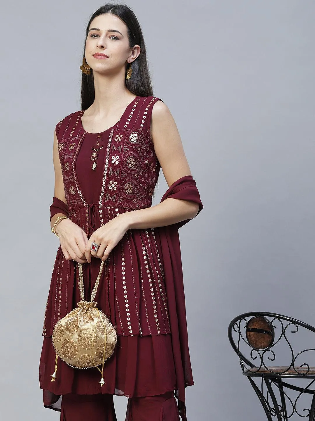 Ethnic Embroidered Peplum Kurta with Sharara & Dupatta - Deep Wine