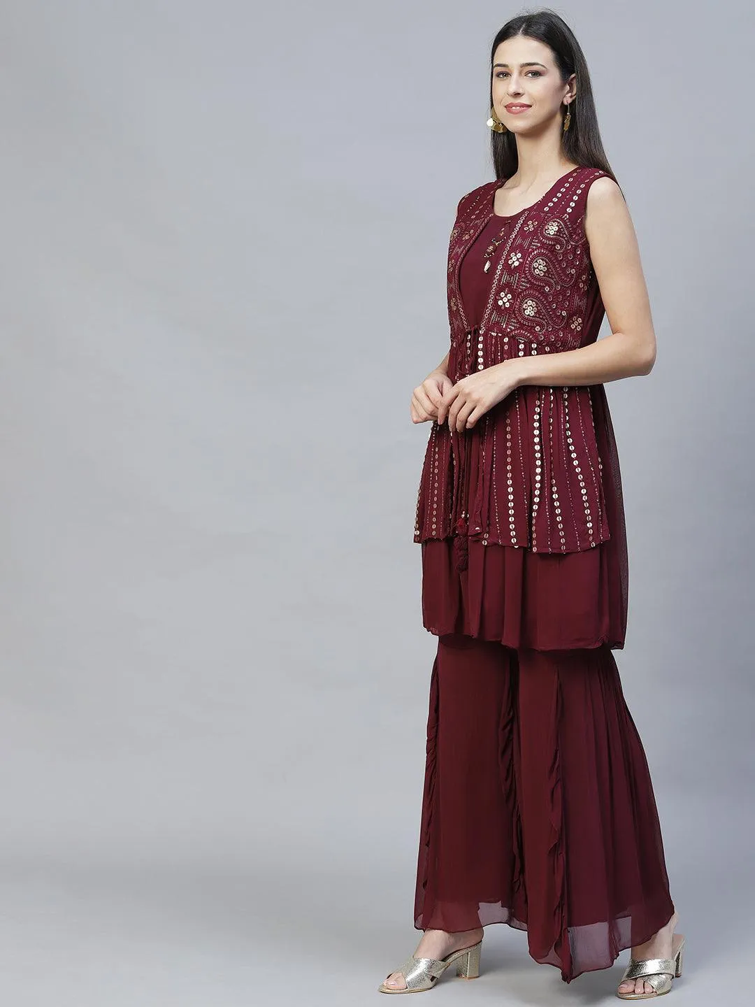 Ethnic Embroidered Peplum Kurta with Sharara & Dupatta - Deep Wine