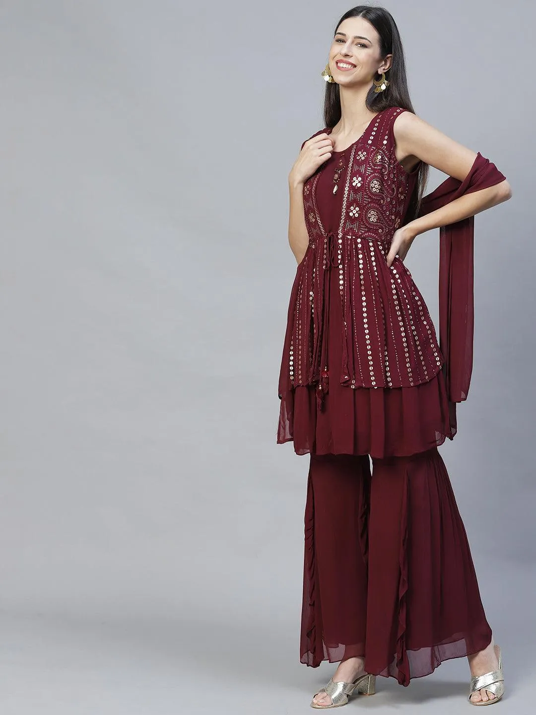 Ethnic Embroidered Peplum Kurta with Sharara & Dupatta - Deep Wine