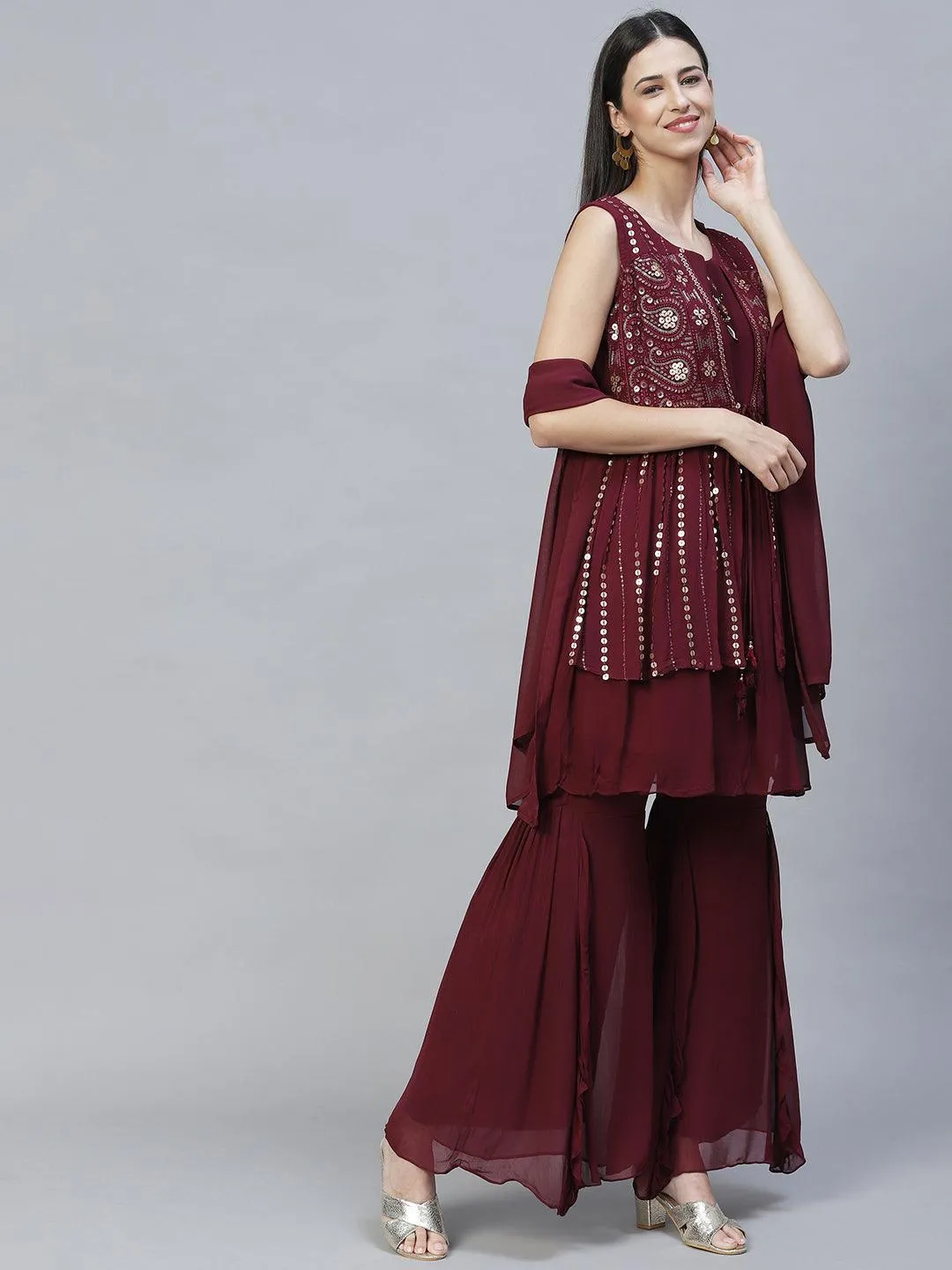 Ethnic Embroidered Peplum Kurta with Sharara & Dupatta - Deep Wine