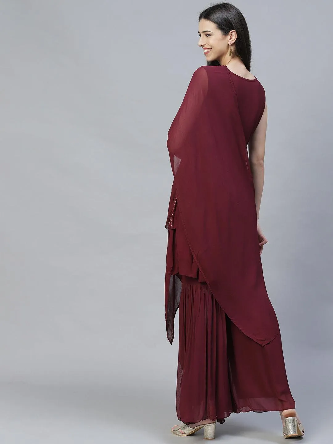 Ethnic Embroidered Peplum Kurta with Sharara & Dupatta - Deep Wine