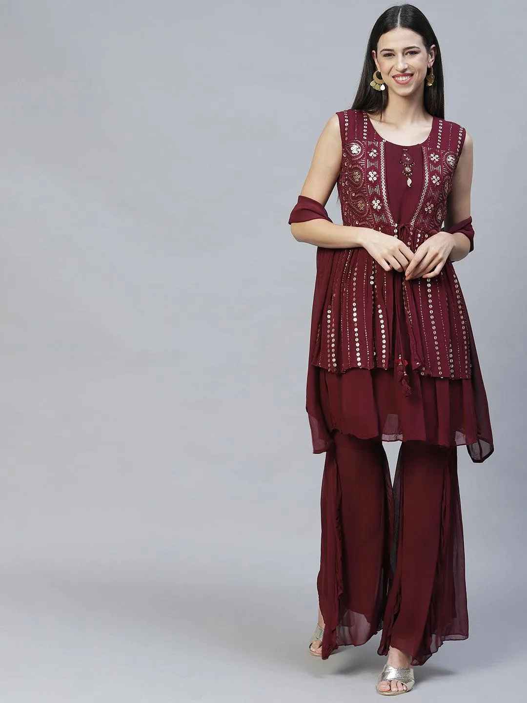 Ethnic Embroidered Peplum Kurta with Sharara & Dupatta - Deep Wine