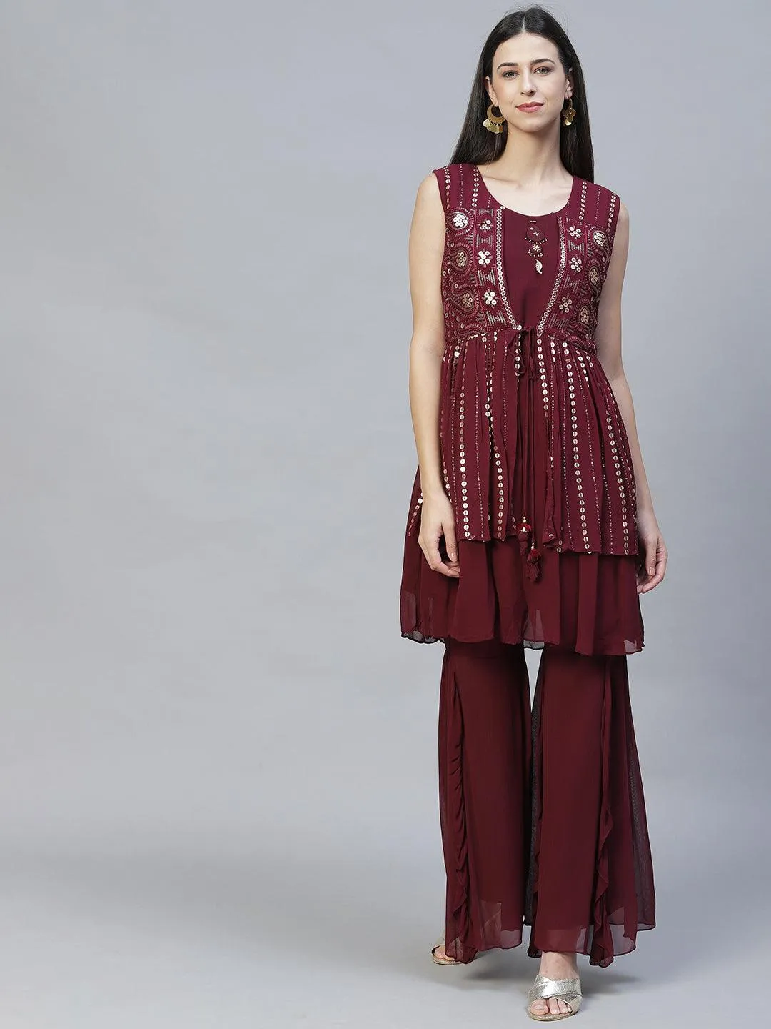 Ethnic Embroidered Peplum Kurta with Sharara & Dupatta - Deep Wine