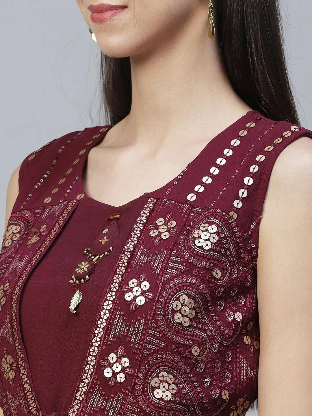 Ethnic Embroidered Peplum Kurta with Sharara & Dupatta - Deep Wine