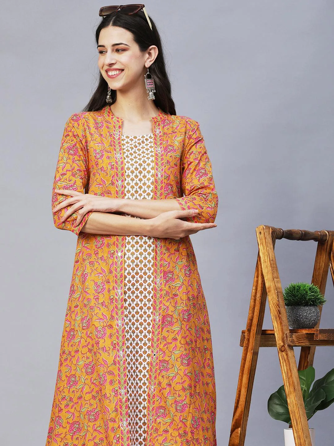 Ethnic Printed & Embroidered A-Line Kurta with Pants -Yellow