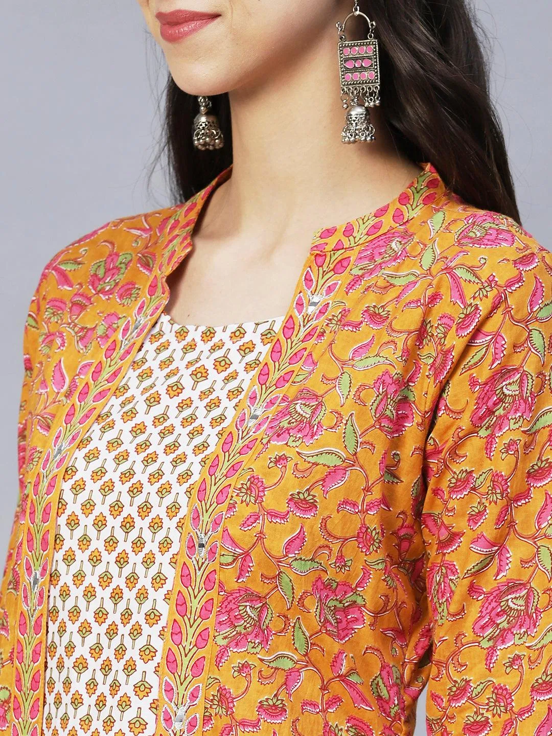 Ethnic Printed & Embroidered A-Line Kurta with Pants -Yellow