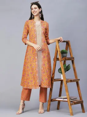 Ethnic Printed & Embroidered A-Line Kurta with Pants -Yellow