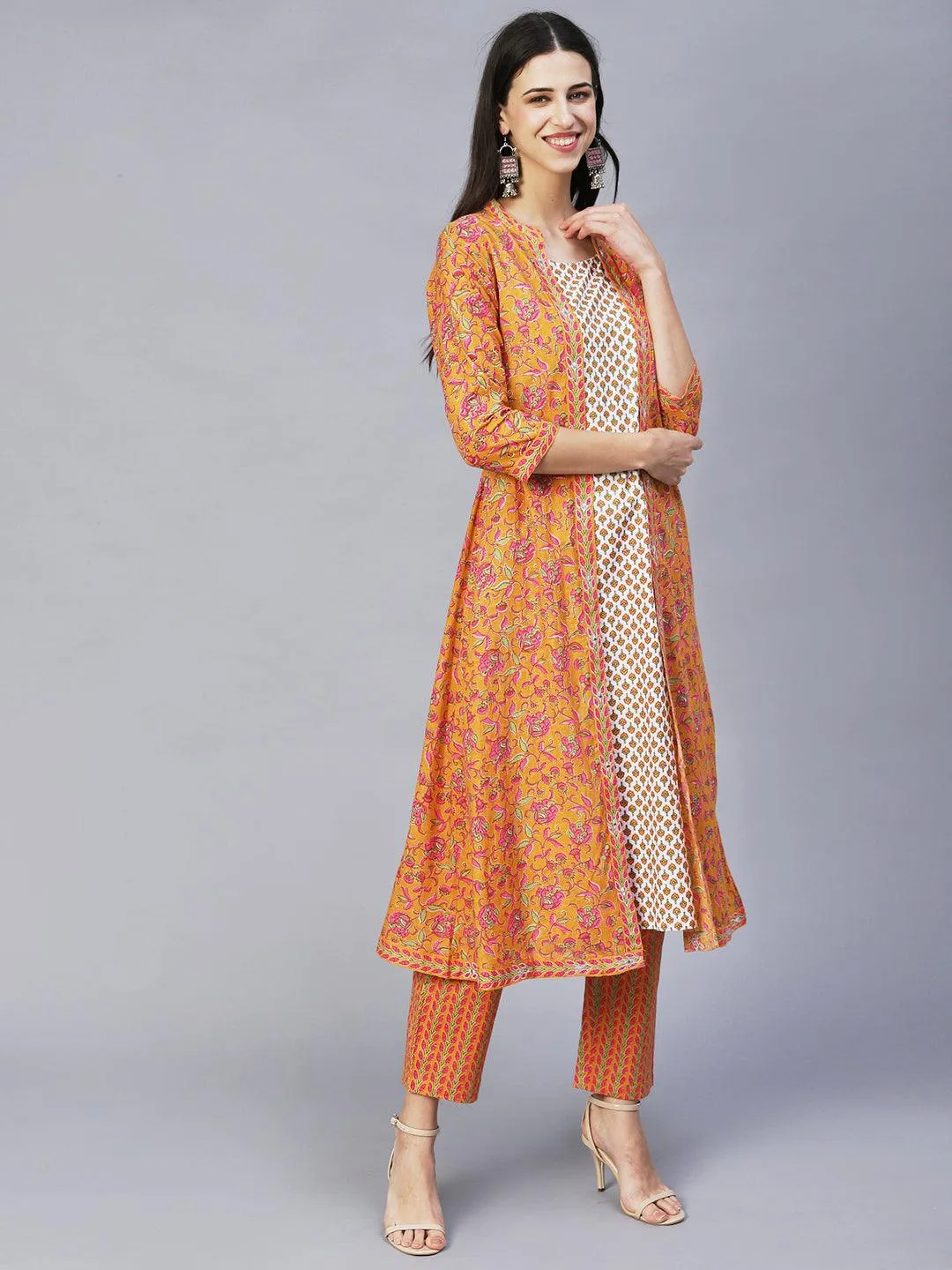 Ethnic Printed & Embroidered A-Line Kurta with Pants -Yellow