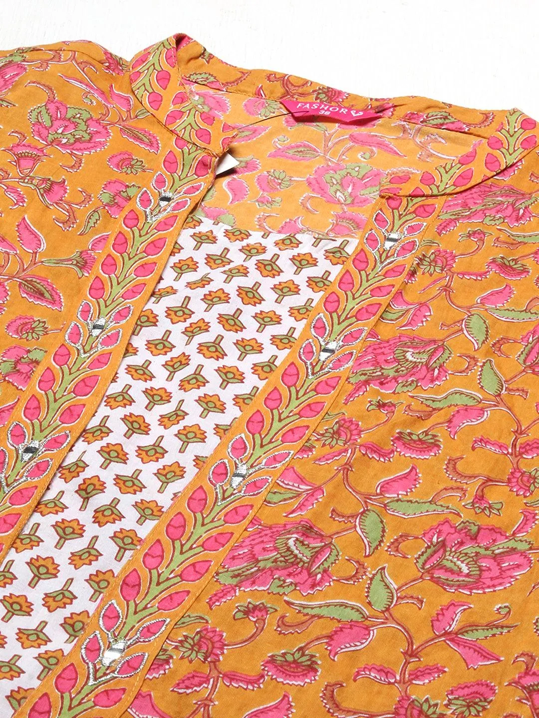 Ethnic Printed & Embroidered A-Line Kurta with Pants -Yellow