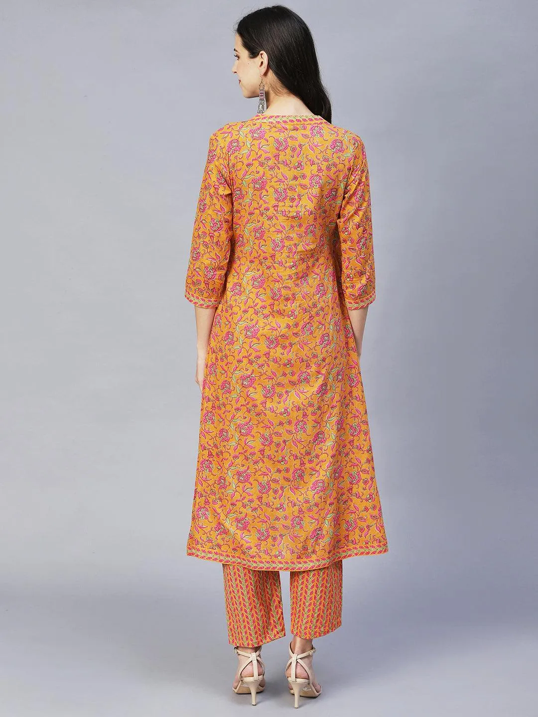 Ethnic Printed & Embroidered A-Line Kurta with Pants -Yellow