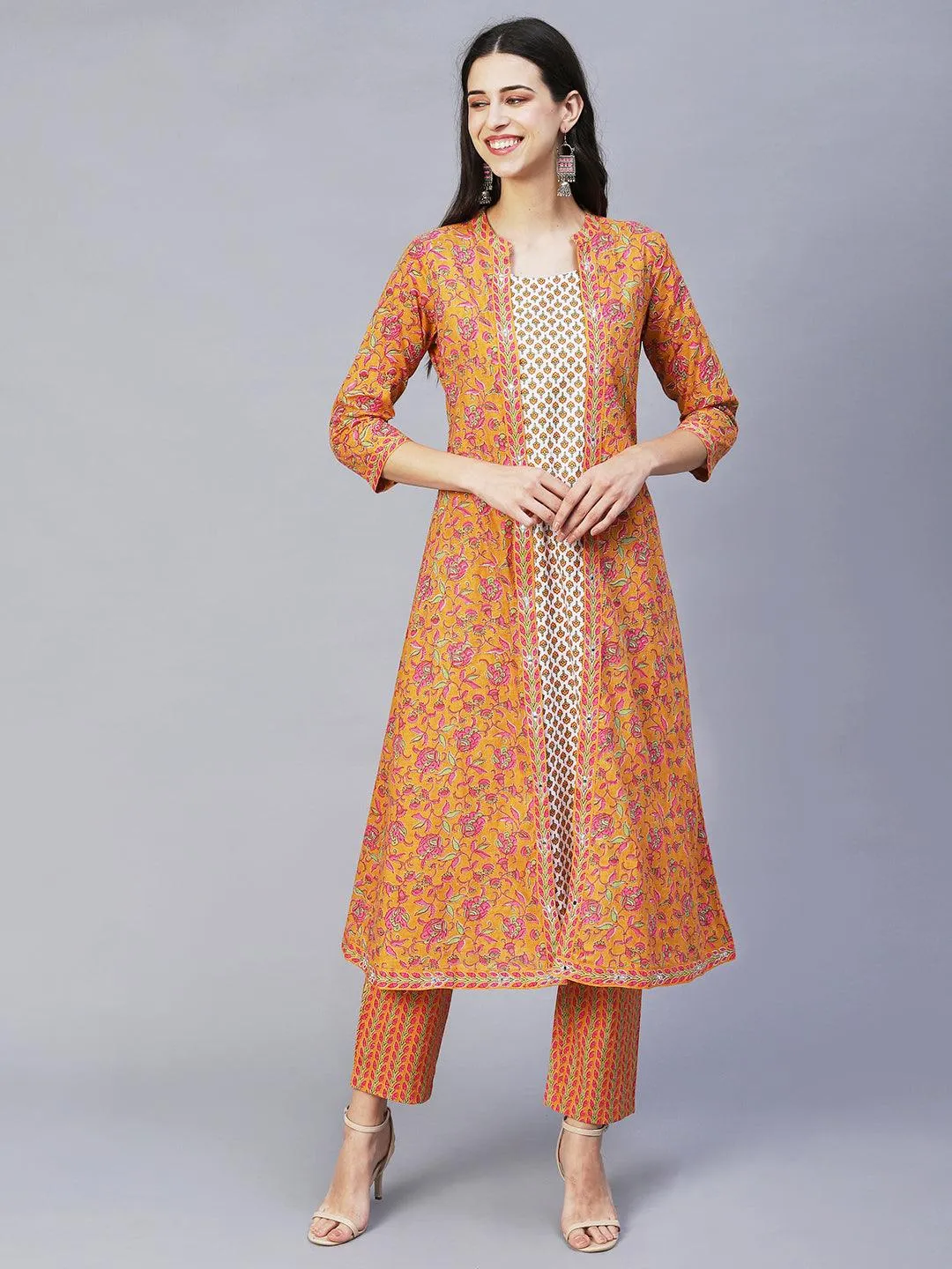 Ethnic Printed & Embroidered A-Line Kurta with Pants -Yellow