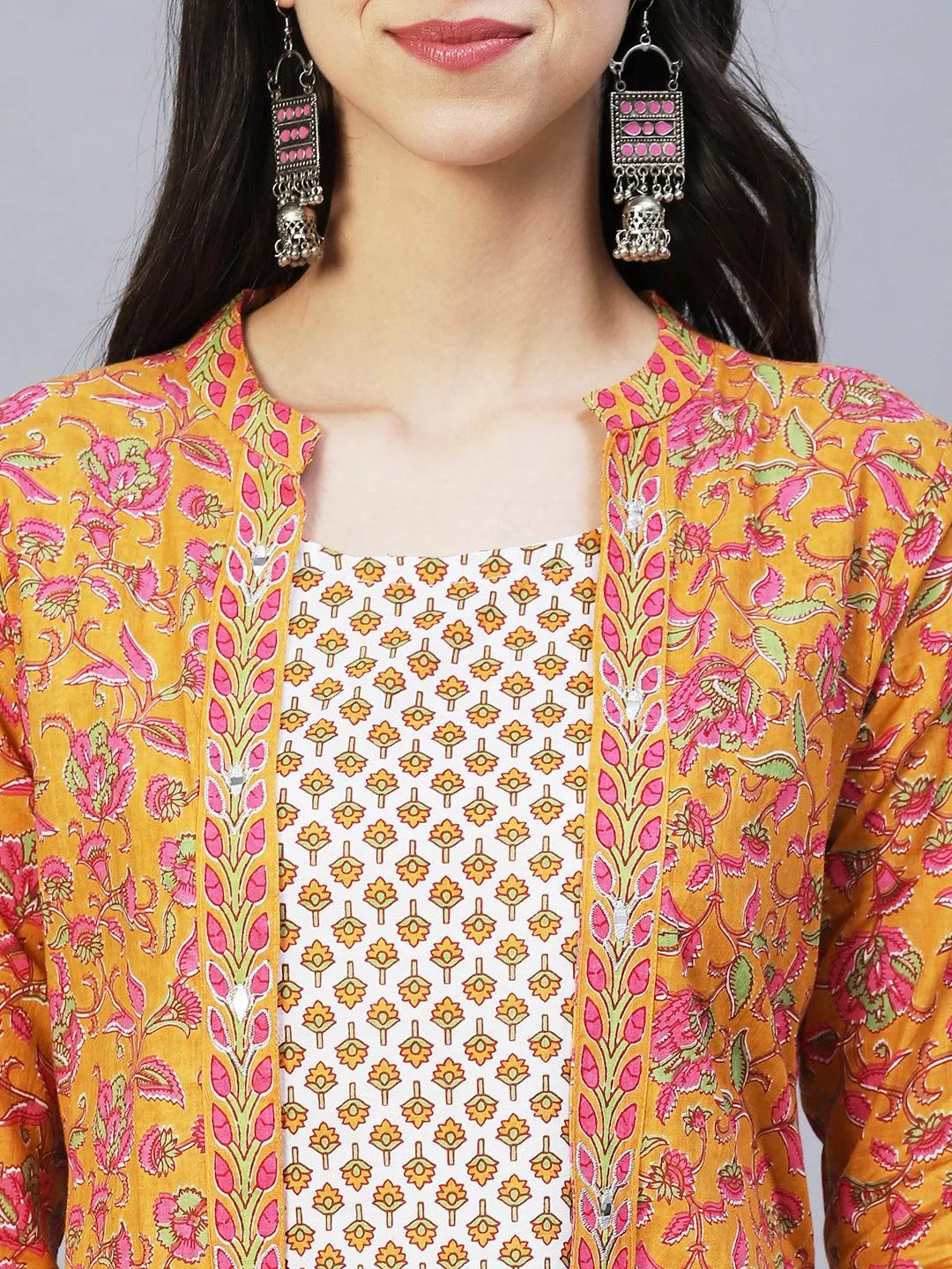 Ethnic Printed & Embroidered A-Line Kurta with Pants -Yellow