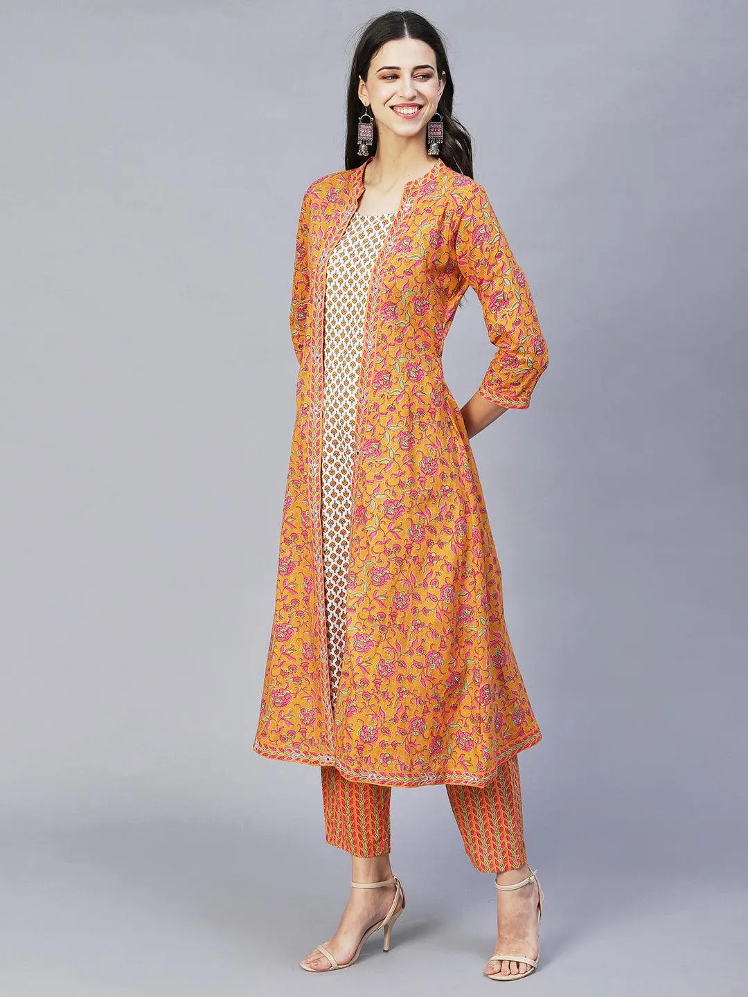 Ethnic Printed & Embroidered A-Line Kurta with Pants -Yellow