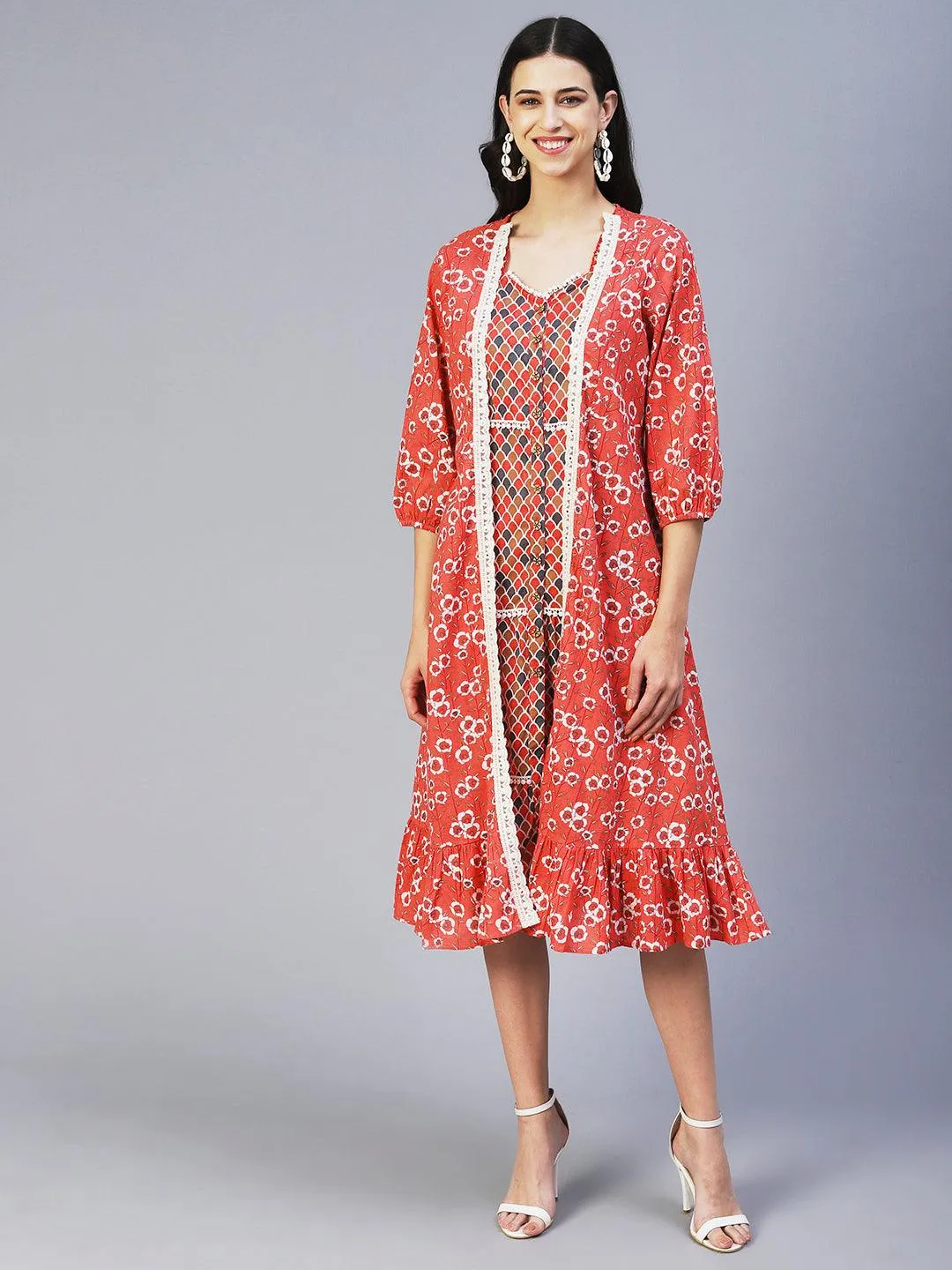 Ethnic Printed Tiered Dress with A-line Floral Printed Jacket - Peach