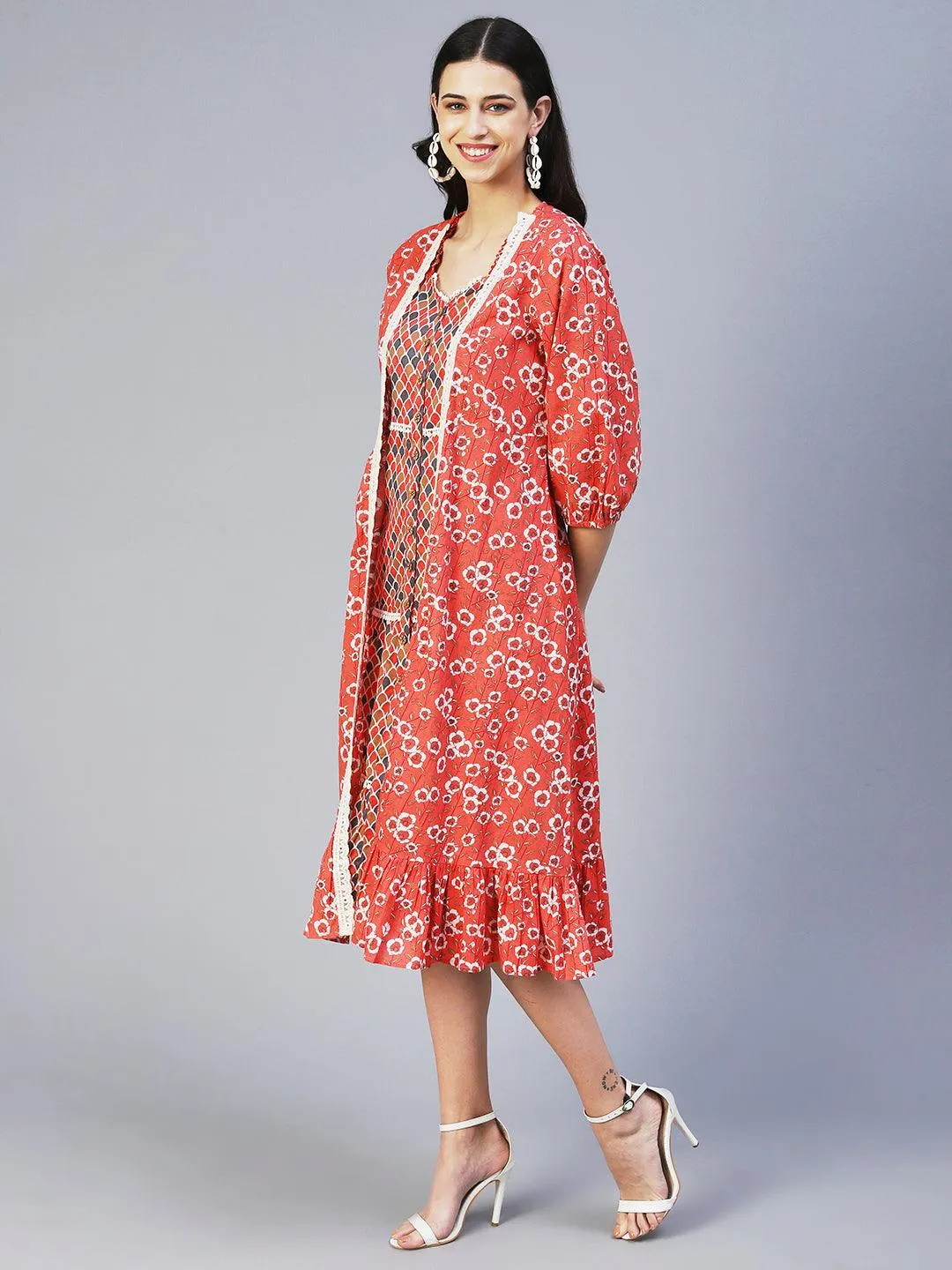 Ethnic Printed Tiered Dress with A-line Floral Printed Jacket - Peach