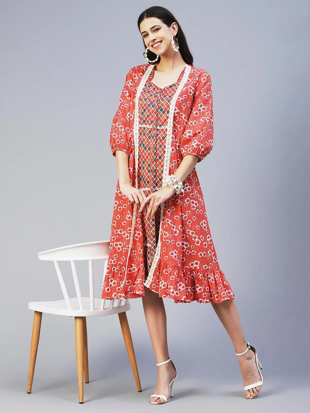 Ethnic Printed Tiered Dress with A-line Floral Printed Jacket - Peach