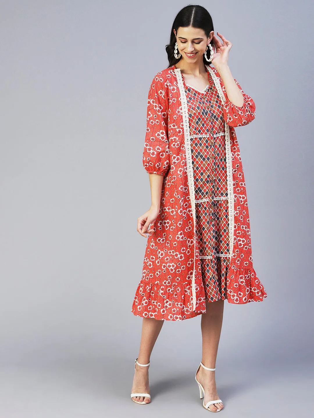 Ethnic Printed Tiered Dress with A-line Floral Printed Jacket - Peach