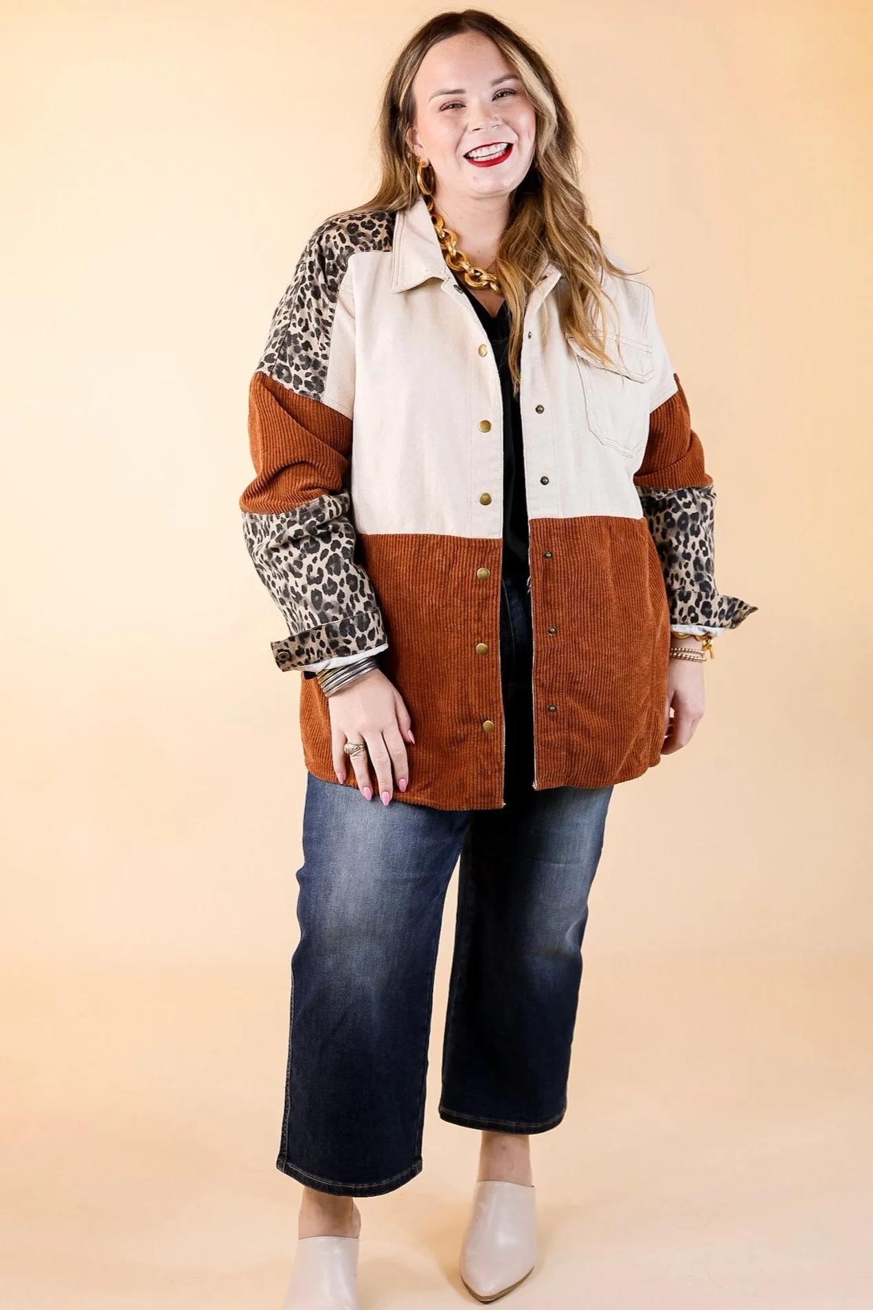 Extended Stay Print Block Button Up Shacket in Brown Mix