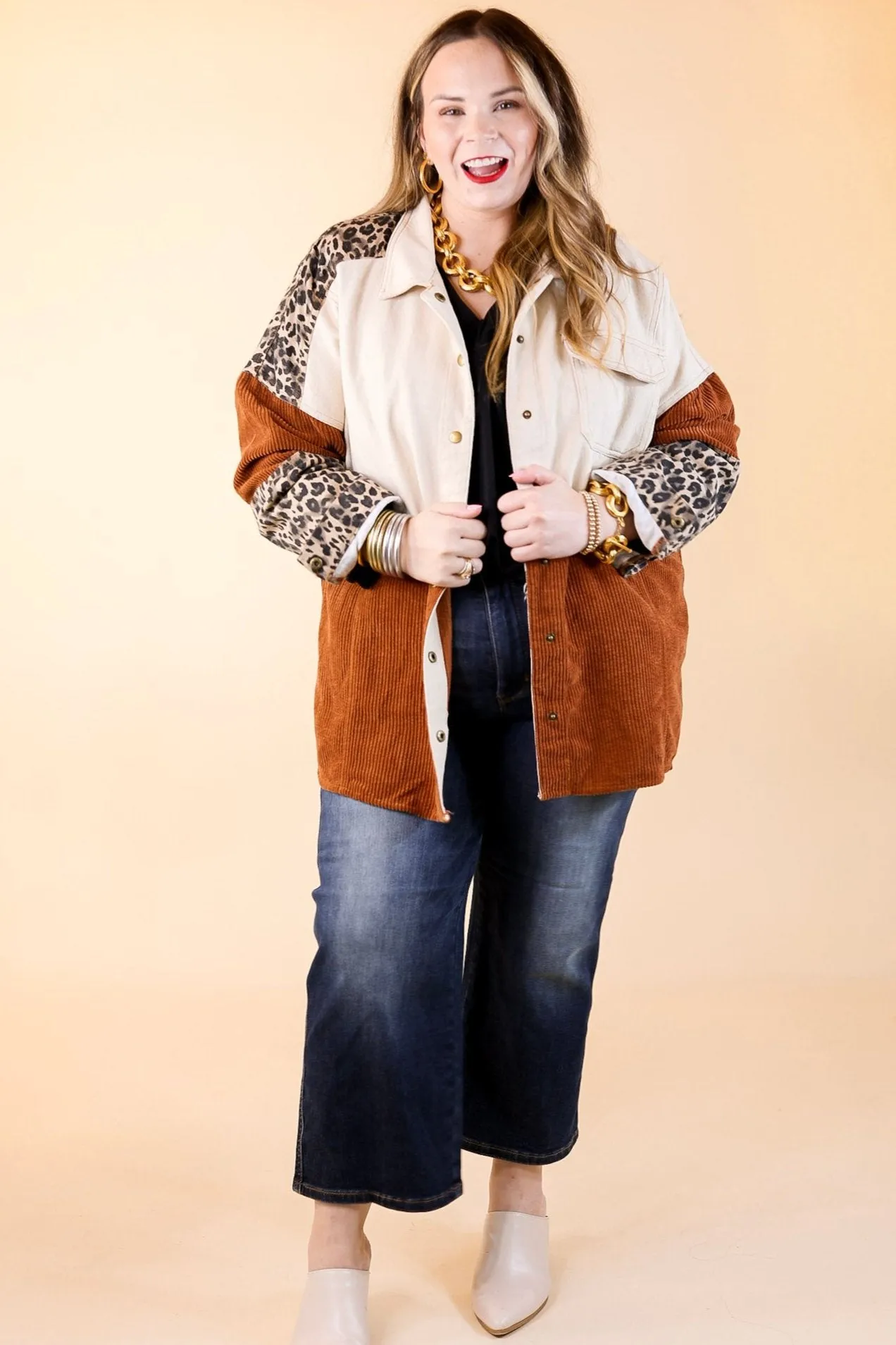 Extended Stay Print Block Button Up Shacket in Brown Mix