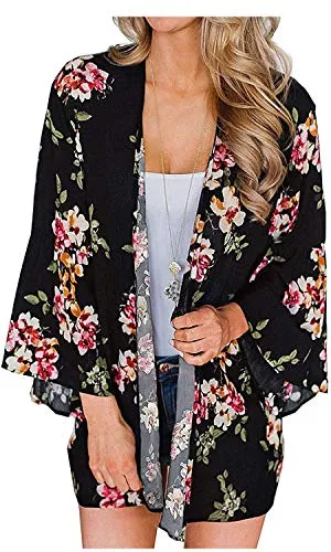 Floral Cover Up Chiffon Print Kimono Beachwear