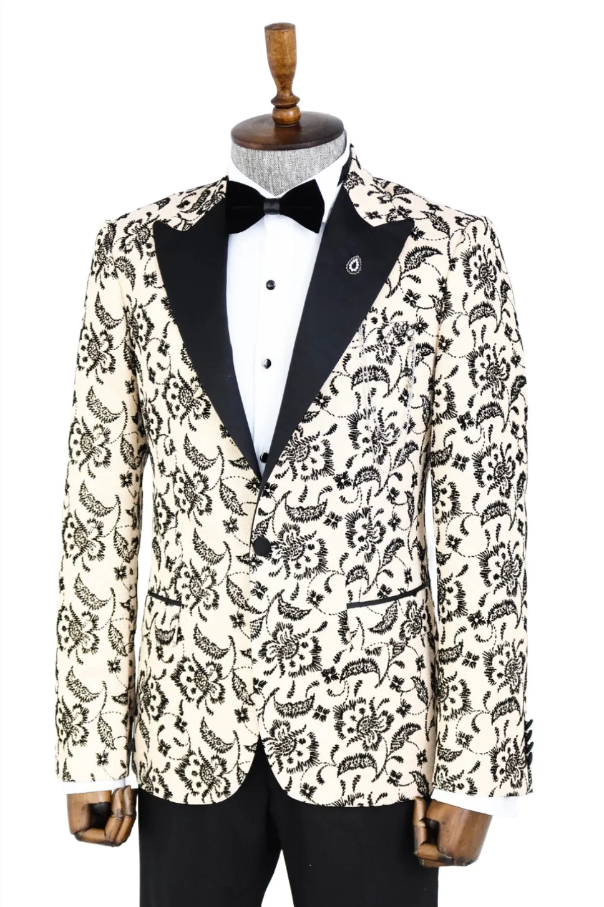 Floral Patterned Peak Lapel Cream Men Wedding Blazer - Wessi